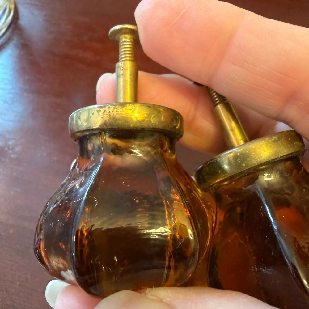 Set of 2 Antique Amber Glass Knobs